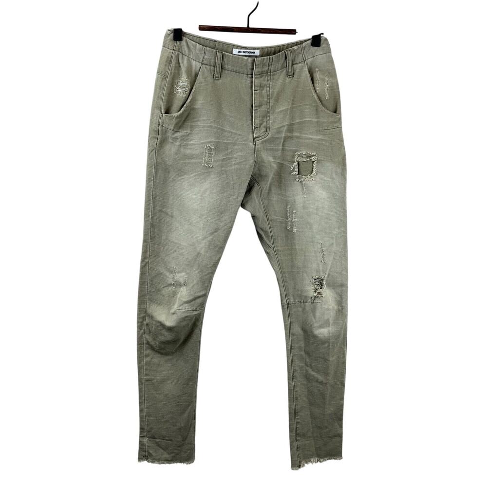 One X OneTeaspoon Womens Tapered Leg Jeans Sz 23 Low-Rise Distressed Green Denim